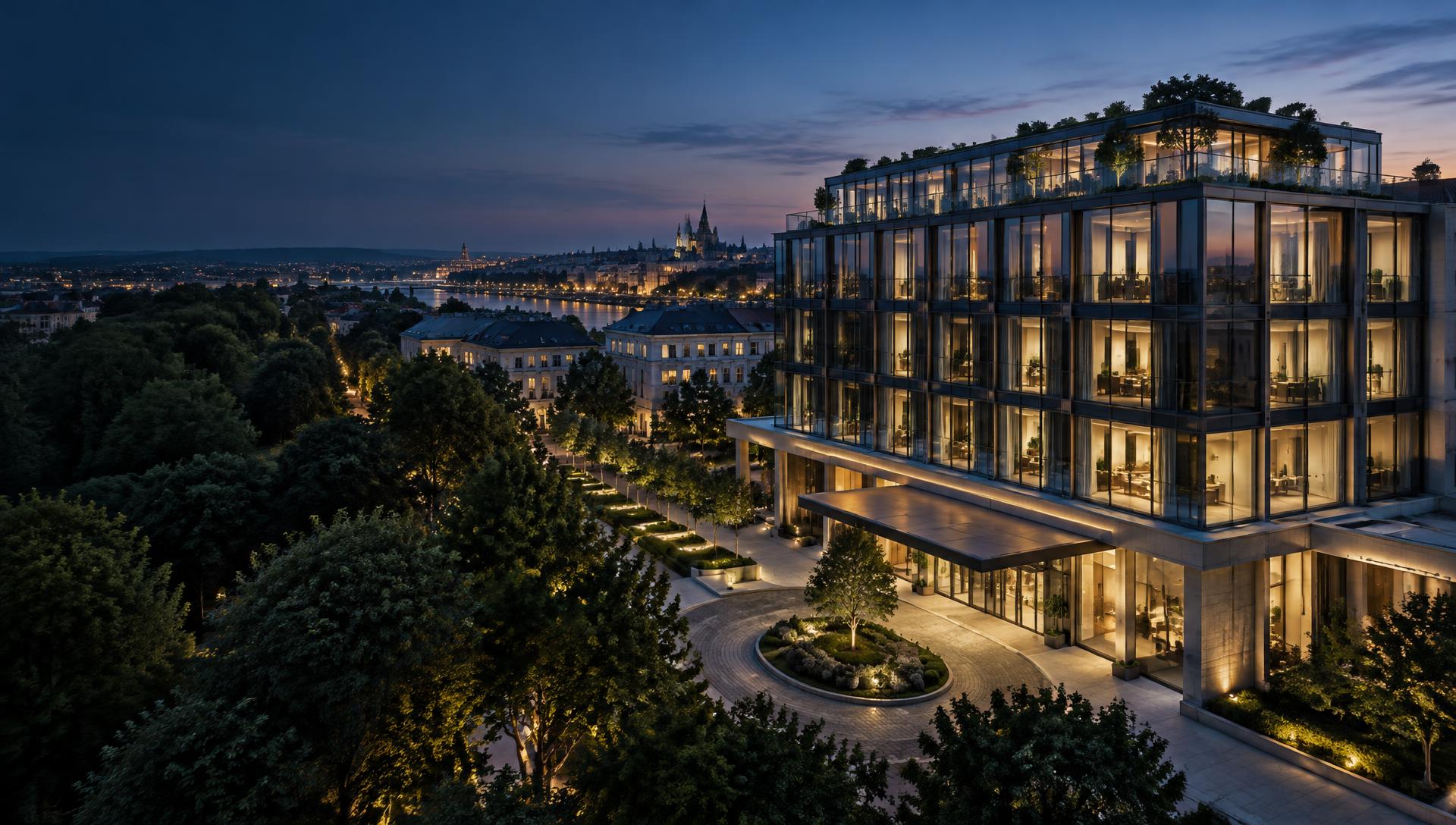 Vue d’un hôtel depuis ses toits jusqu’à son entrée